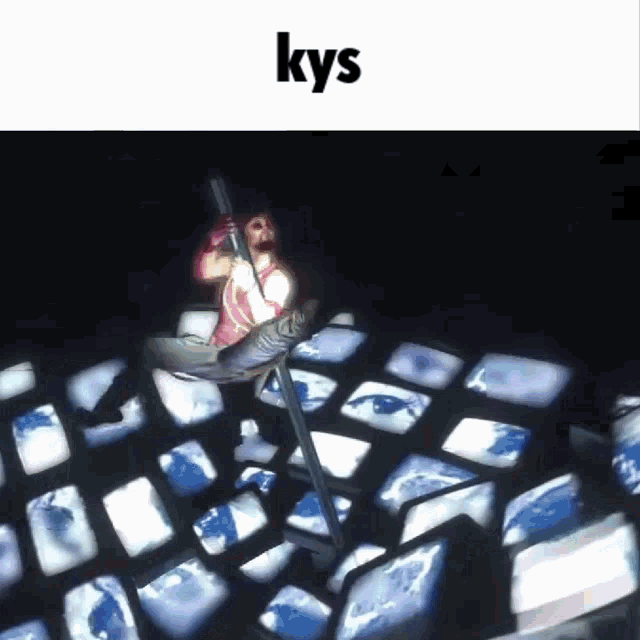 a picture of a person holding a sword with the word kys on the bottom