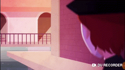 a cartoon of a man standing in front of a building .