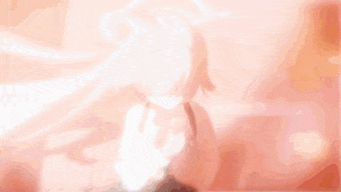a girl with long white hair is standing in front of a red background