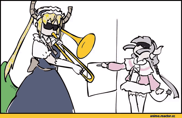 a cartoon of a girl playing a trumpet next to another girl pointing