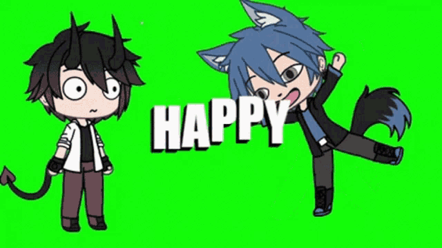 two cartoon characters are standing next to each other on a green screen and they are happy .