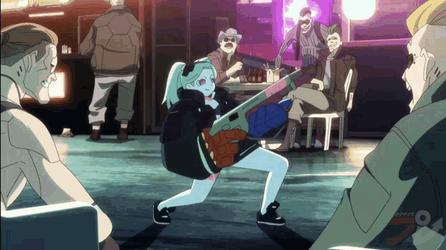 a cartoon of a girl holding a gun in front of a crowd