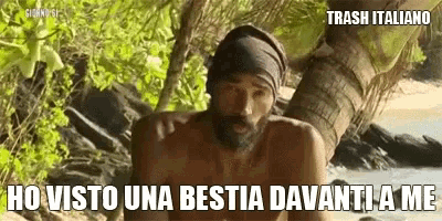 a man with a beard is sitting under a palm tree and says ho visto una bestia