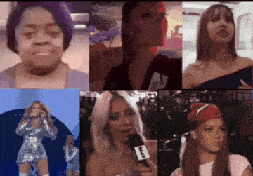 a collage of images of a woman with a microphone