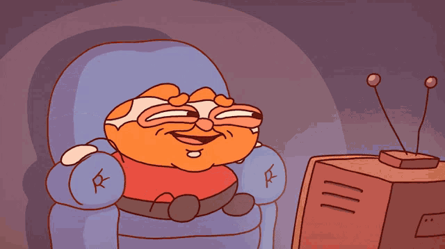 a cartoon of a man sitting in a chair with the letter r on his arm