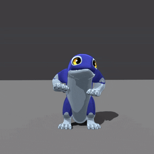 a blue and white cartoon character is standing on a gray surface
