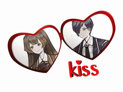 a boy and a girl in a heart shaped frame with the word kiss below them