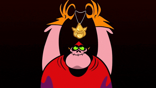 a cartoon character with green eyes and a triangle on his head