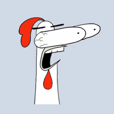 a cartoon of a chicken with its mouth open and a drop of blood coming out of it
