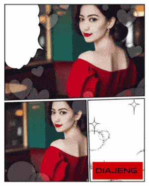 a woman in a red dress is surrounded by hearts and a sign that says diajeng