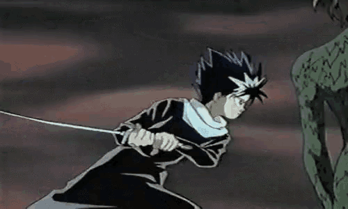 a cartoon character is holding a sword in his hand in a dark scene .