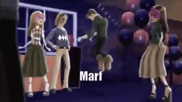 a group of monster high dolls are dancing in a bowling alley and the word marf is above them