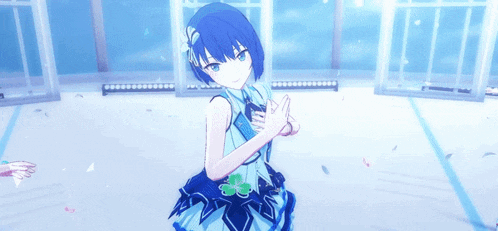 a girl with blue hair and a blue dress is dancing