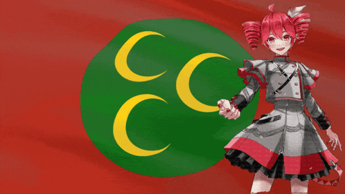 a girl with red hair is standing in front of a green circle with the letter cc on it