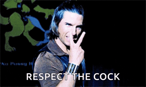 a man with blue hair is giving a peace sign and the words respect the cock are below him