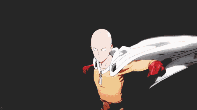 a man with a bald head is wearing a white cape and a yellow shirt
