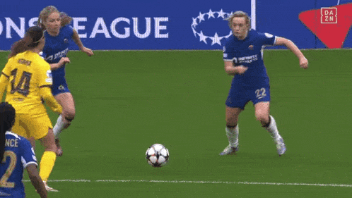 a group of women are playing soccer on a field with a sign in the background that says electro .