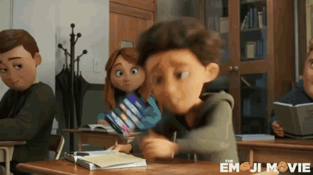 a cartoon of a boy sitting at a desk in a classroom with the emoji movie written on the bottom