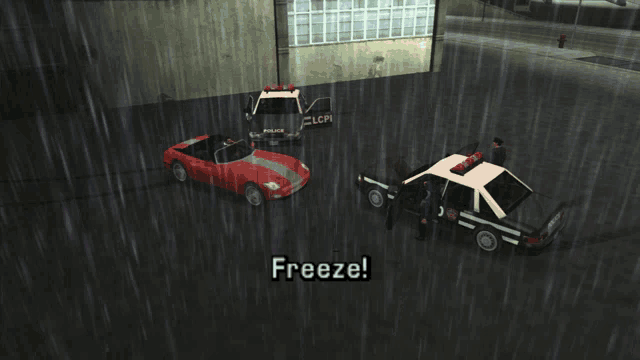 a video game scene with two cars and a police car and the words freeze on the bottom