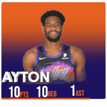 a basketball player named ayton is wearing a purple jersey