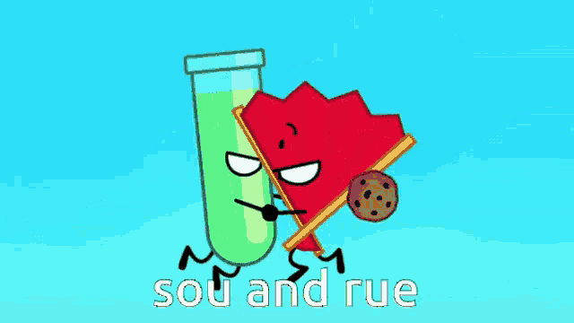 a cartoon drawing of a test tube and a fan with the words sou and rue underneath them