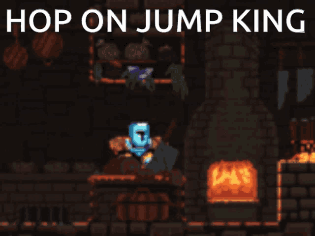 a video game with the words hop on jump king on the bottom