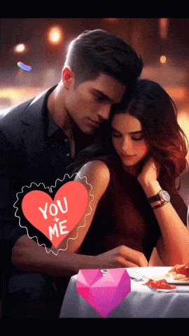 a man and woman hugging with a heart that says " you and me "