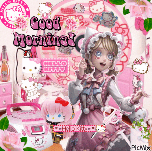 a hello kitty greeting card with a girl dancing