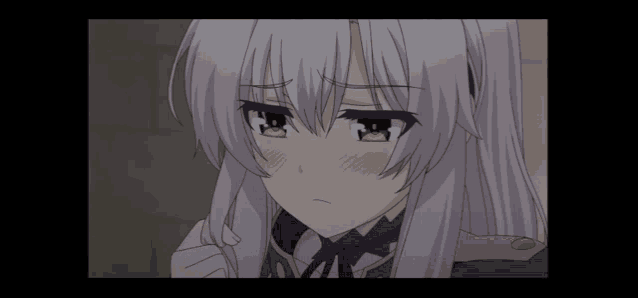 a girl with white hair and green eyes is making a face