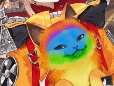 a cat with a rainbow face is being held by a woman