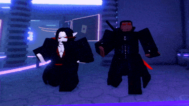 a couple of cartoon characters standing next to each other in a room