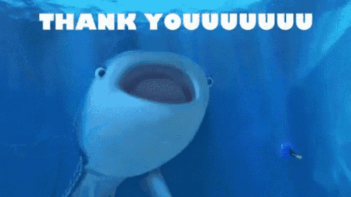 a whale shark is swimming in the ocean with its mouth open and the words thank you written below it .