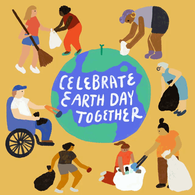 an illustration of people cleaning the earth with the words celebrate earth day together