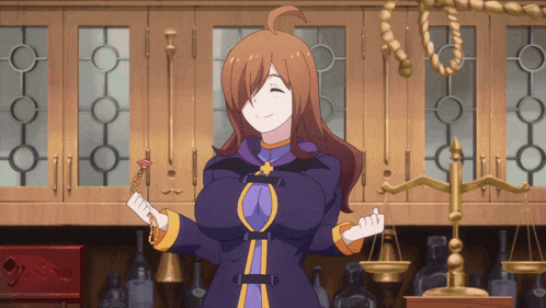 a cartoon character holding a necklace in front of a cabinet