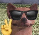 a dog wearing sunglasses and a yellow hand is giving a peace sign .