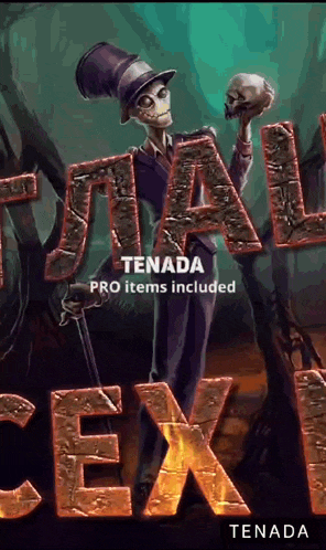 a skeleton in a top hat holding a skull with the words tenada pro items included
