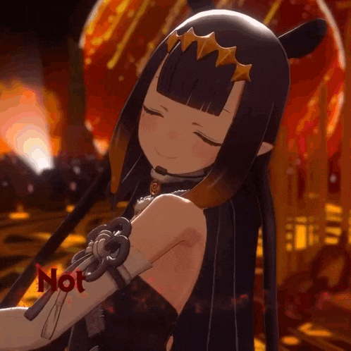 a 3d anime girl is holding a sword and smiling with her eyes closed in a video game .