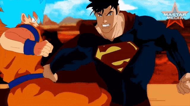 a cartoon of superman and goku fighting with a star in the background that says mast media