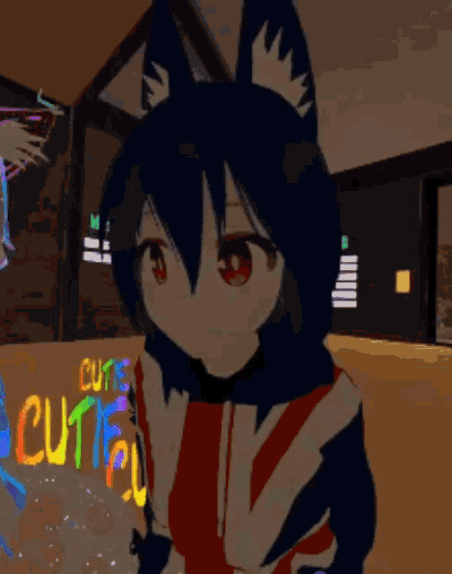 a cartoon girl with a cat ear is standing in front of the word out