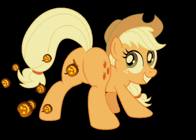 a cartoon pony with apples on her butt and pumpkins on her legs