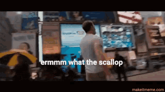 a man in a white shirt is standing in front of a screen that says ' ermm what the scallop '