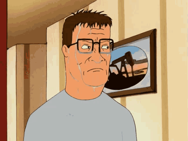a cartoon of a man with glasses and a picture of an oil rig on the wall
