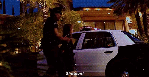 a police officer is sitting on the back of a police car and talking to a woman .
