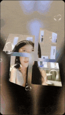 a picture of a woman in a gift box with bubbles around it