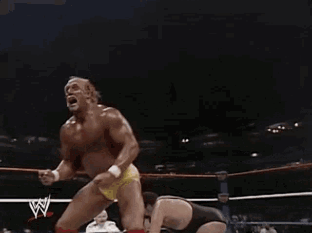hulk hogan is standing in a wrestling ring with his arms in the air .