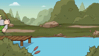 a cartoon of a man fishing from a dock in a lake