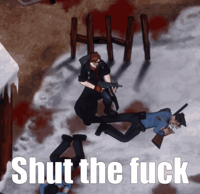 a video game scene with the words shut the fuck on the bottom right