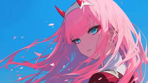 a girl with pink hair and red horns is looking down