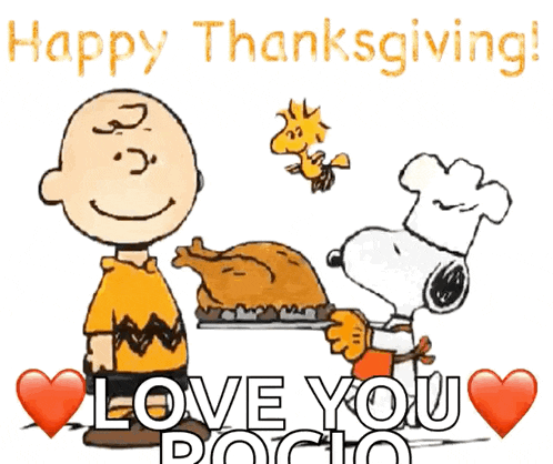 a cartoon of charlie brown and snoopy saying happy thanksgiving and love you