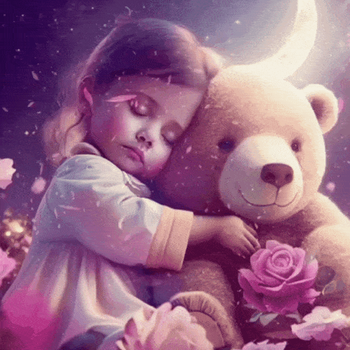 a little girl is hugging a teddy bear with a pink rose